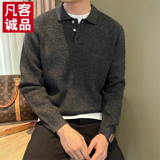 VANCL heavyweight thickened sweater for men 2025 autumn and winter light mature style handsome POLO sweater long sleeve casual and simple Henry shirt collar #black gray M 80-100Jin Jin equals 0.5 kg