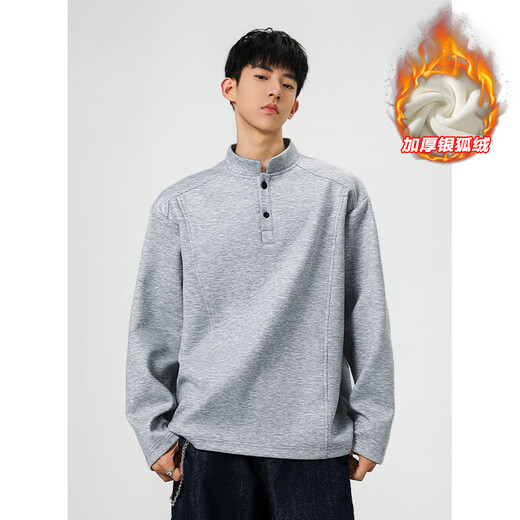 Unicorn cool gray retro Henry collar sweatshirt men's autumn and winter large size versatile bottoming shirt 350g American trendy brand long-sleeved T-shirt black plus velvet XL