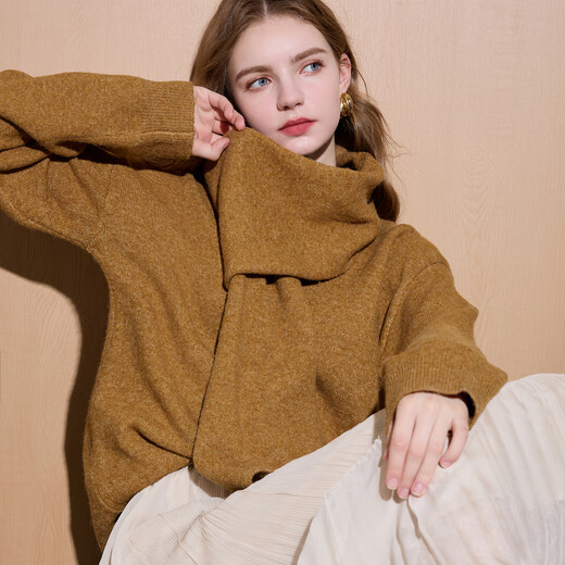 Sancai 2025 new winter style scarf collar sweater long-sleeved pullover loose simple top sweater casual M