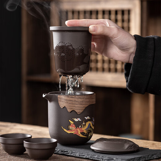 Purple sand color changing teapot travel tea set Kung Fu Kuai Ke tea light luxury portable cup tea water separation outdoor portable storage purple sand cat ears - color changing dragon and phoenix six cups + bag