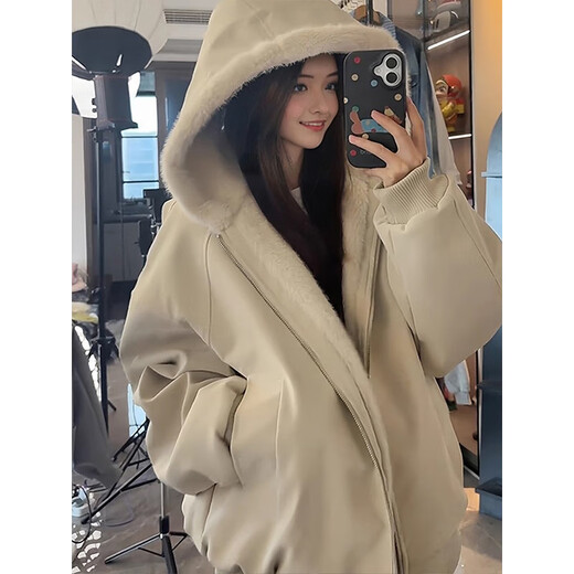 NYING plus velvet pu leather jacket men's winter new American fashion brand handsome hooded casual jacket thickened warm tops apricot XL (120-140Jin Jin equals 0.5 kg)