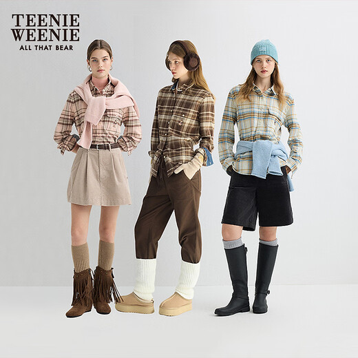 Teenie Weenie Bear Women's Plaid Shirt 25 New Fall College Style Simple Bear Embroidered Top Ivory White XS