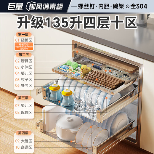 Canbo Disinfection Cabinet Embedded Household Yufeng Four-Layer Two-Star 135L Large Capacity 304 Stainless Steel Kitchen Tableware Drying and Disinfection Cupboard XDZ135-ER800PRO National Subsidy
