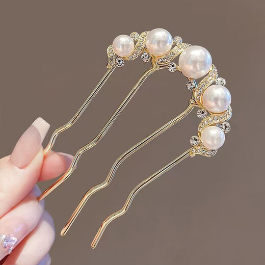 Qiao丂 Pearl U-shaped hairpin 2 packs, four-tooth comb hair fixing artifact hairpin hairpin hair accessories for women, gold + gun black, 2 packs