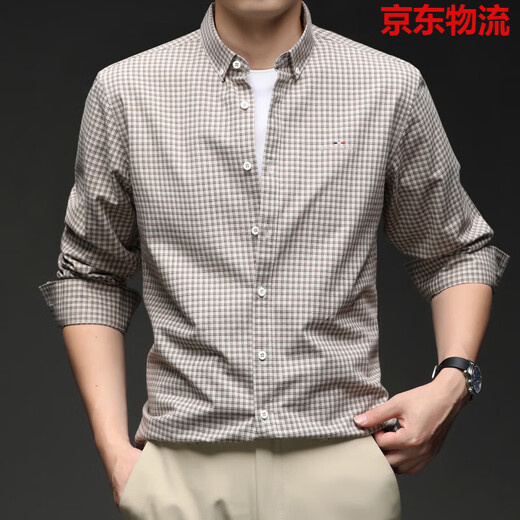 九牧王（JOEONE）秋季新款男士长袖衬衫商务休闲免烫抗皱感纯棉格子衬衣 灰绿 17262 M 165【建议100-120斤】