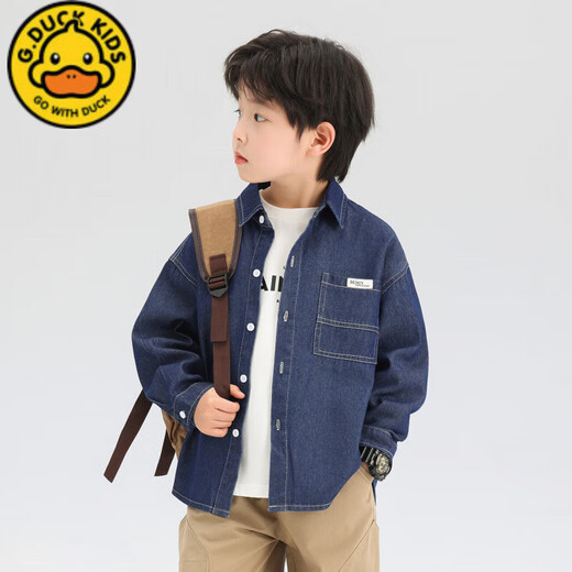 G.duck Boys' Shirt Children's Denim Jacket Spring and Autumn Long Sleeve Thin Section 2025 New Autumn Clothes Children's Clothing Boys' Style Shirt Dark Blue Denim Jacket 110 cm