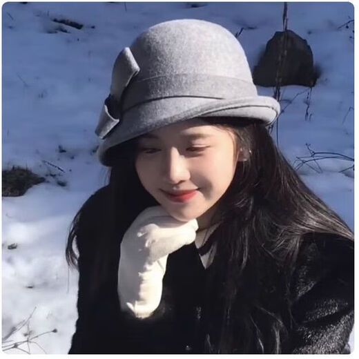 Blooming British Retro Hat Hat Black French Style Elegant Autumn and Winter New Woolen Fisherman Hat Fashion Basin Hat (Big Bow) Side Roll Top Hat - Gray