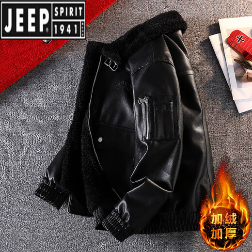 JEEP SPIRIT batik shiny fur collar leather jacket men's plus velvet thickened fur all-in-one warm motorcycle jacket for winter bright coffee color 4XL recommended 165-180 Jin Jin equals 0.5 kg