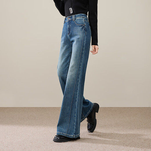 Yiyang (ESE-Y) brushed bootcut jeans for women 2025 autumn and winter bell bottoms, denim blue - small (height 155-160) 28