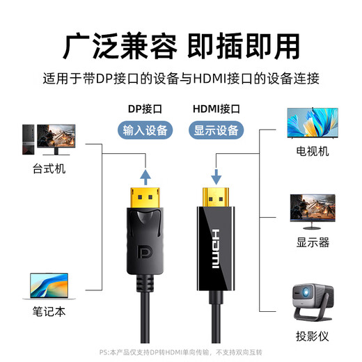 Value meter DP to HDMI adapter cable 4K HD DisplayPort to HDMI male-to-male video connection cable suitable for computer host connected to TV monitor 1.5 meters DH015