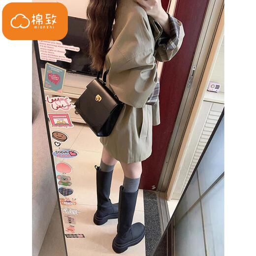 Cotton Korean style windbreaker jacket for women British style autumn and winter new fashion high-end stand-up collar short popular coat 125 khaki high quality S 80-100Jin Jin is equal to 0.5 kg