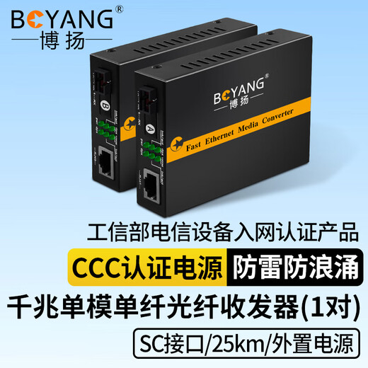 BOYANG Gigabit single-mode single-fiber optical transceiver pair, single-mode photoelectric converter, fiber-to-network cable, lightning protection SC interface, 25 kilometers away power supply BY-WG613A/B