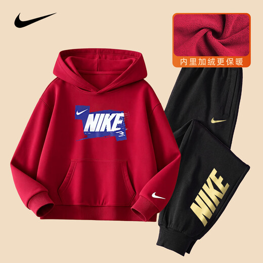 NIKE Nike Girls Sports Suit Plus Velvet Hooded 2025 New Autumn and Winter Boys Cotton Two-Piece Suit Children's Thickened College Red 2236 Autumn and Winter Velvet Style High Weight 160/L Recommended Height 152-158cm