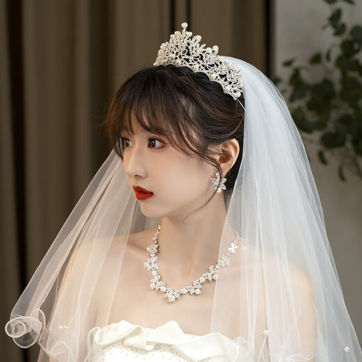 Crown Veil Bride's Hauptzeit für Hochzeitskleid Kopfschmuck Hochzeit Hair Accessoires Vorschlag Registrierung Perle Puffy Blick 00118 [Krone + Vier-Blattklee Halskette Ohrclip] _3