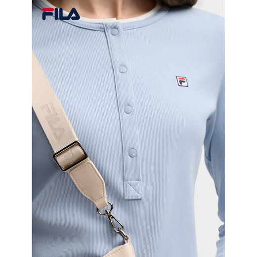 FILA Women's Knitted Long-Sleeved Shirt 2025 Winter New Fashion Classic Casual Slim Henley Shirt Alice Blue-LB Same Style for Men and Women S 160/80A
