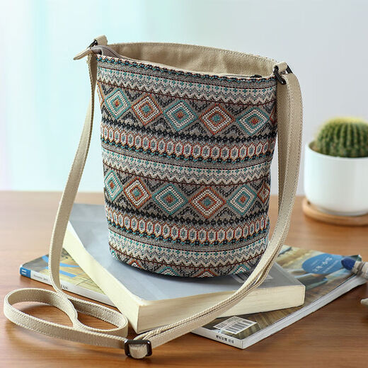 Ethnic style small cloth bag mobile phone small shoulder bag walking crossbody small bag small bucket bag sense of niche literature XK240719 round bucket small crossbody-checkered-dark blue