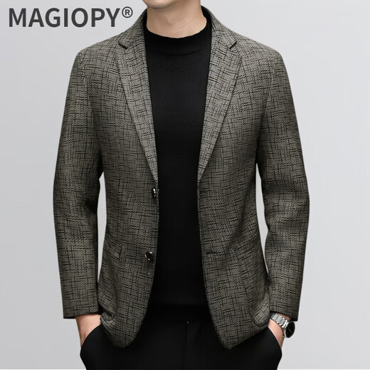 MAGIOPY high-end brand high-end autumn and winter men's slim fit sheepskin suit top genuine leather light business printed leather jacket sheepskin-linen pattern XL 105-120Jin Jin equals 0.5 kg