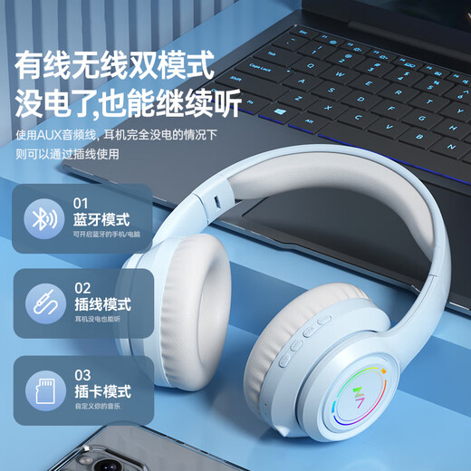 Mianyin Headset Headset 2025 latest wireless Bluetooth headset e-sports gaming computer mobile phone noise-cancelling headset high-quality high-value wired card college gift e-sports blue low latency shocking sound effects flagship version - supports wired/wireless connection