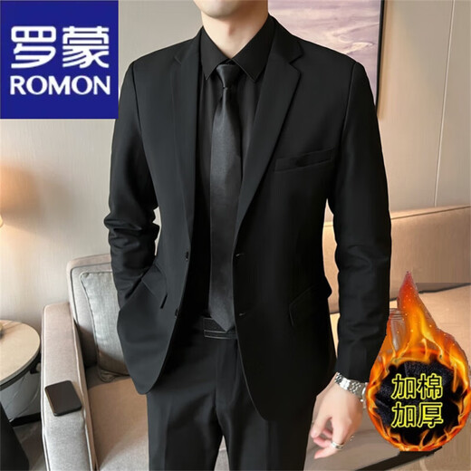 ROMON suit suit men's velvet thickened warm wedding suit jacket business formal black professional workwear winter suit R08 (single piece) velvet black suit S recommended 80-95Jin Jin equals 0.5 kg