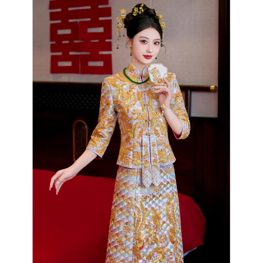 ROAR UTHAUG heavy industry dragon and phoenix dress repair and dress bride 2025 new Chinese style wedding dress toast dress Xiao Wufu wedding dress XH1752 gold thread dragon and phoenix gown without headdress S