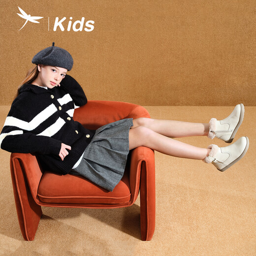 Red Dragonfly Children's Shoes Girls 2025 Winter Children's Cotton Shoes Plus Velvet Leather Boots Black Short Boots Q54BM016 Beige 33