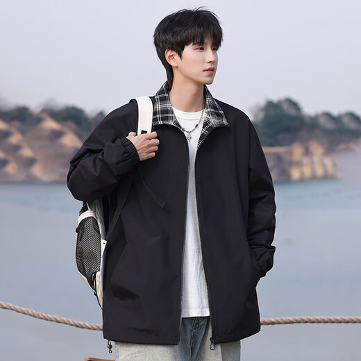 Dingfengbaoluo casual lapel jacket men's autumn loose and versatile zipper plaid jacket EX01 black XL