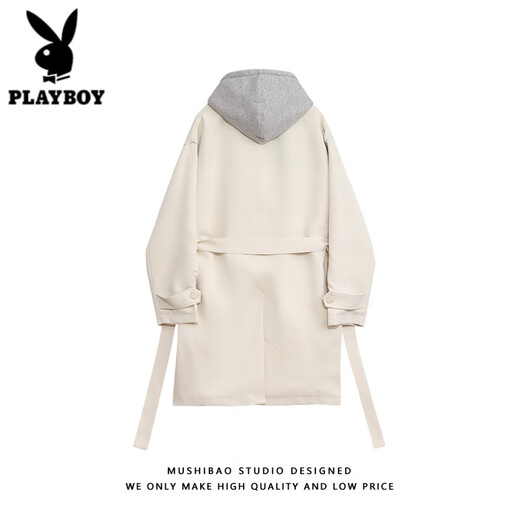 Playboy (PLAYBOY) windbreaker men's spring and autumn holiday two-piece hooded mid-length over-the-knee coat cityboy Korean casual trendy coat black L