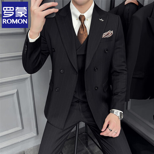 ROMON double-breasted striped woolen suit suit for men, high-end, handsome, business casual, British woolen suit jacket, brown (three-piece set), free tie XL