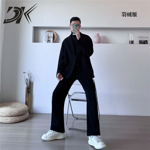 DK woolen suit men's autumn and winter high-end light mature style suit Western Korean version casual loose casual suit two-piece black jacket down version XL (recommended 140-160Jin Jin equals 0.5 kg)