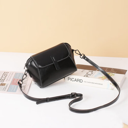 GOLDLION G+ Goldlion genuine leather women's bag fashionable retro shell bag new spring and summer waxed cowhide shoulder crossbody bag for women black in stock