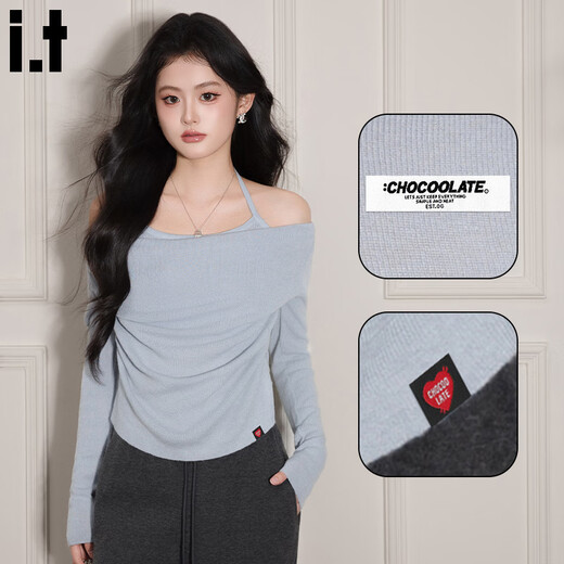 CHOCOOLATE it women's sweater women's sweet and spicy style halter neck off-shoulder sweater women's winter pleated waist bottoming shirt top pink one size