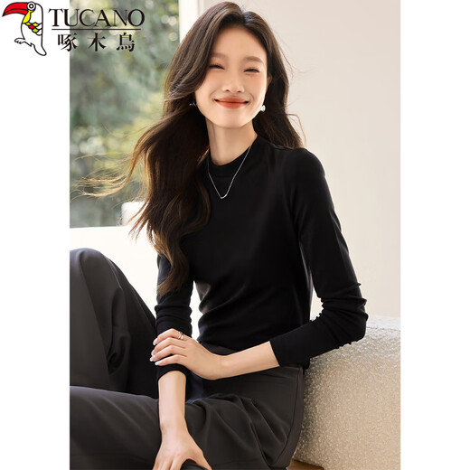 Woodpecker long-sleeved T-shirt for women in autumn pure cotton right shoulder slim fit versatile half turtleneck bottoming shirt top black XL