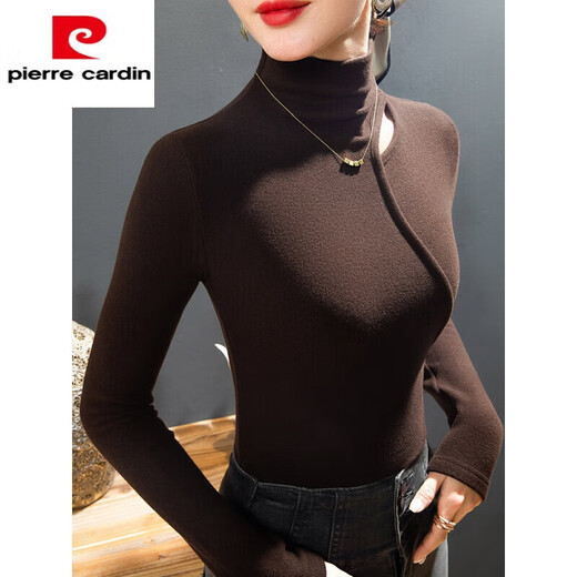 Pierre Cardin Double-sided German Velvet T-shirt Women's Half Turtle Collar Ripped Bottoming Shirt Spring and Autumn Slim-fit Brushed Irregular Splicing Top Brown L