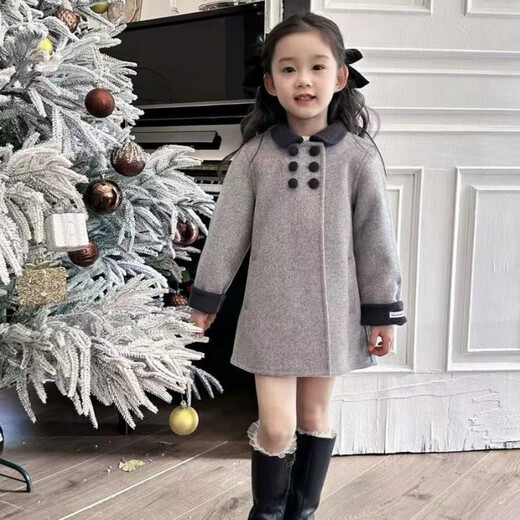 Disney (Disney) Girls Printemps et Automne 5 version coréenne double face imitation cachemire nouveau manteau en laine printemps et automne manteau pour enfants moyen et grand manteau mi-long gris col noir manteau en velours 130 recommandé environ 125 cm