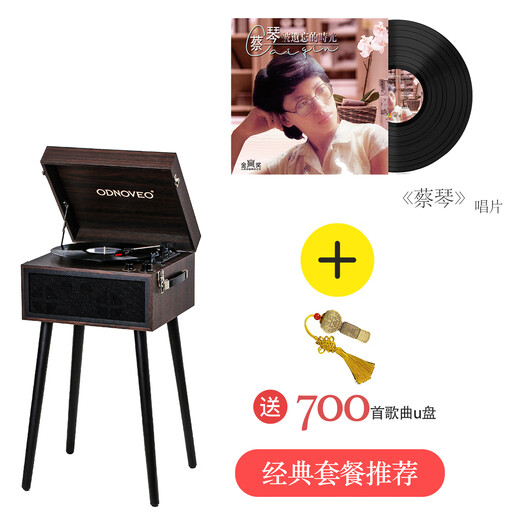 Otieno European-style simple multi-functional vinyl record player radio gift Bluetooth audio retro model room record player home floor-standing phonograph free record with order, walnut color (free Tsai Chin + music USB disk with order)