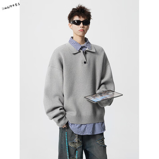 Yuexiang Benming New Year's Holiday Two-Piece Lapel Sweater Men's Winter American Trendy Brand Henley Collar Red Pullover Sweater Top Gray M
