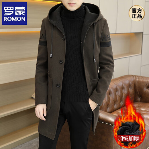 ROMON autumn and winter velvet thickened windbreaker men's mid-length hooded trendy casual high-end woolen coat black 4XL 170-190Jin Jin equals 0.5 kg