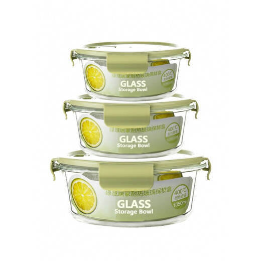 Chu Wanjia Borosilicate Glass Lunch Box Juego de recipiente de frescura con tapa Caja de bento de vidrio resistente al calor para el horno de microondas Set Nordic Green Round 1050+Ronda 650+Ronda 450ml