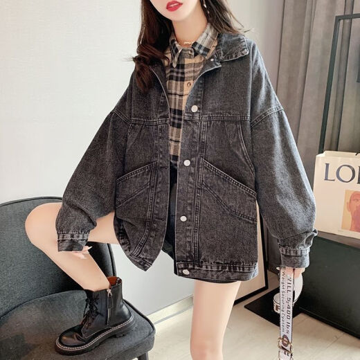 依慕琪入春牛仔外套女学生韩版宽松春季上衣夹克大码女装牛仔衣服春夏款 9926#图片款黑色 S  建议80--100斤