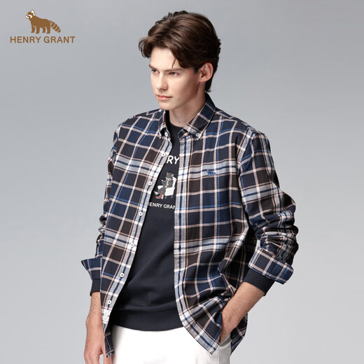 HENRY GRANT Henry Grant plaid men's long-sleeved autumn classic Korean slim-fit plaid shirt men's loose top blue (QSC244180U211) 50 (175/96A)