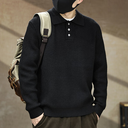 Gu Xiansen American button lapel sweater for men in autumn and winter new POLO Henry collar bottoming shirt thickened knitted sweater for men Khaki L 130-145Jin Jin is equal to 0.5 kg