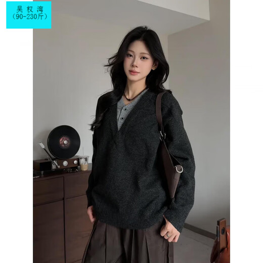 Wu Quanwan old money style deep v-neck fake two-piece sweater men's autumn lazy American retro Henry collar sweater black upgrade black upgrade XL