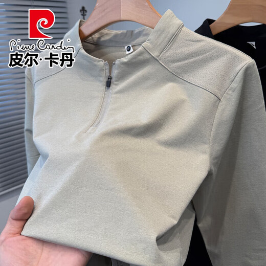 Pierre Cardin half-zip Henry collar long-sleeved T-shirt men's spring and autumn new sports and leisure stitching solid color bottoming shirt men's black 2XL