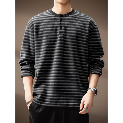 Henhut luxury high-end brand high-end striped long-sleeved T-shirt men's autumn new loose sea soul shirt Henry collar sweatshirt men black M suitable for 110-130Jin Jin equals 0.5 kg