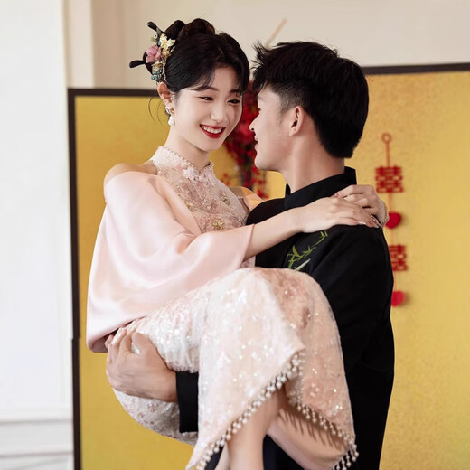 Grosfairy pink high-end toast dress cheongsam for women 2025 new new Chinese style engagement dress bride wedding dressing gown for women pink 3XL