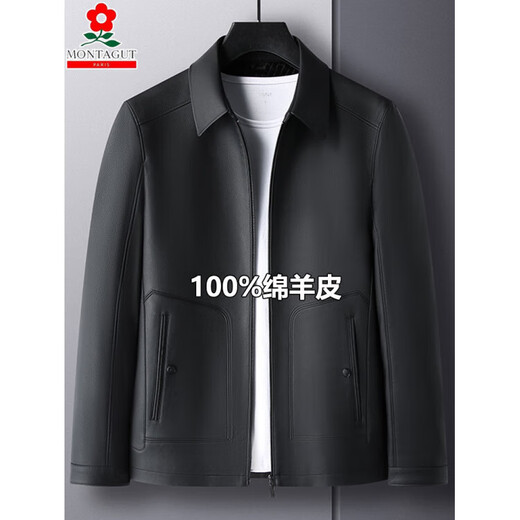 MONTAGUT Veste en Cuir Véritable Peau de Mouton pour Hommes d'âge Moyen Papa Veste en Cuir à Revers Business Casual Veste épaissie en Velours Revers Noir 9202 S 165