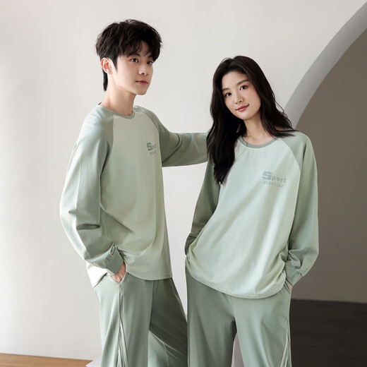 COVER ORANGE pure cotton couple pajamas for women spring and autumn round neck casual loose winter men's home clothes can be worn outside the suit Green