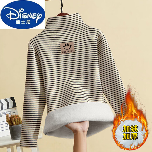 Disney Girls Striped Bottoming Shirt Autumn and Winter German Velvet Thickened Warm High Collar Long Sleeve Medium and Large Casual Tops for Children 8-15 Trendy Y89-Apricot-Fellow-Coffee Bottom Smiley CYF Thickened 140 cm