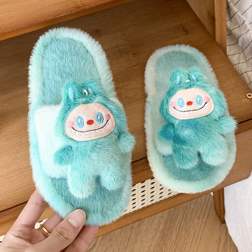 SKONWAT New Home Furry Slippers for Girls 25 Winter Soft Bottom Labubu Cartoon Doll Cotton Flop Pink Size 26-27 Inner Length 18cm