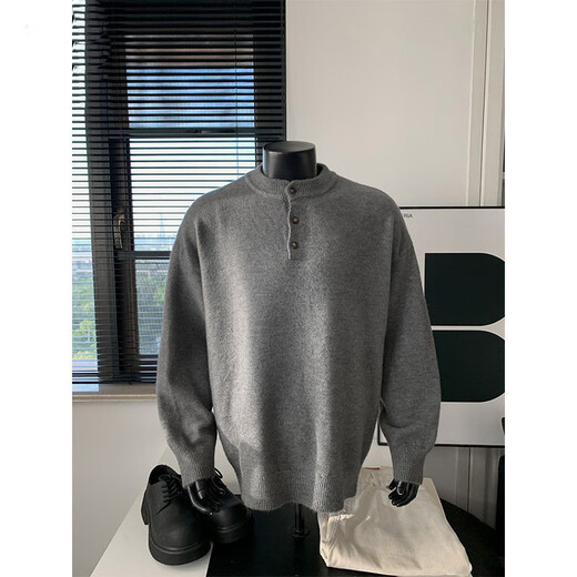 Cantu American retro Henry collar sweater men's spring and autumn loose casual sweater cleanfit high street handsome top light gray XL